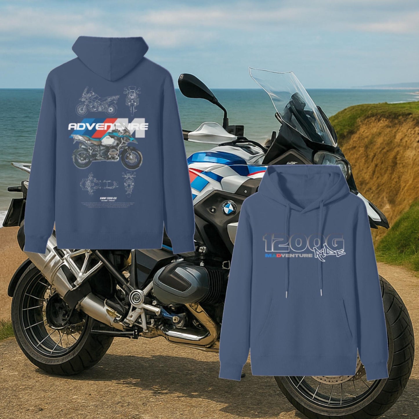 BMW R1200GS Hoodie – Front & Back Print | Adventure Motorcycle Gift for Him | BMW Motorcycle Clothing for Dad | Motorsport Shirt